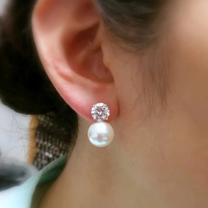Huitan Dainty Women Imitation Pearl Stud Earrings Silver Color Eternity Wedding Earrings Daily Wear Temperament Elegant Jewelry