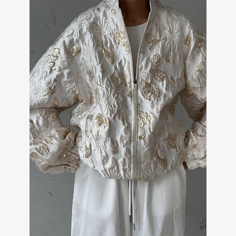 Women Luxury Jacquard  Short Coat Fashion Stand Collar Zip‑front Oversized Loose Jacket 2026 New Casual Street Commute Outfit