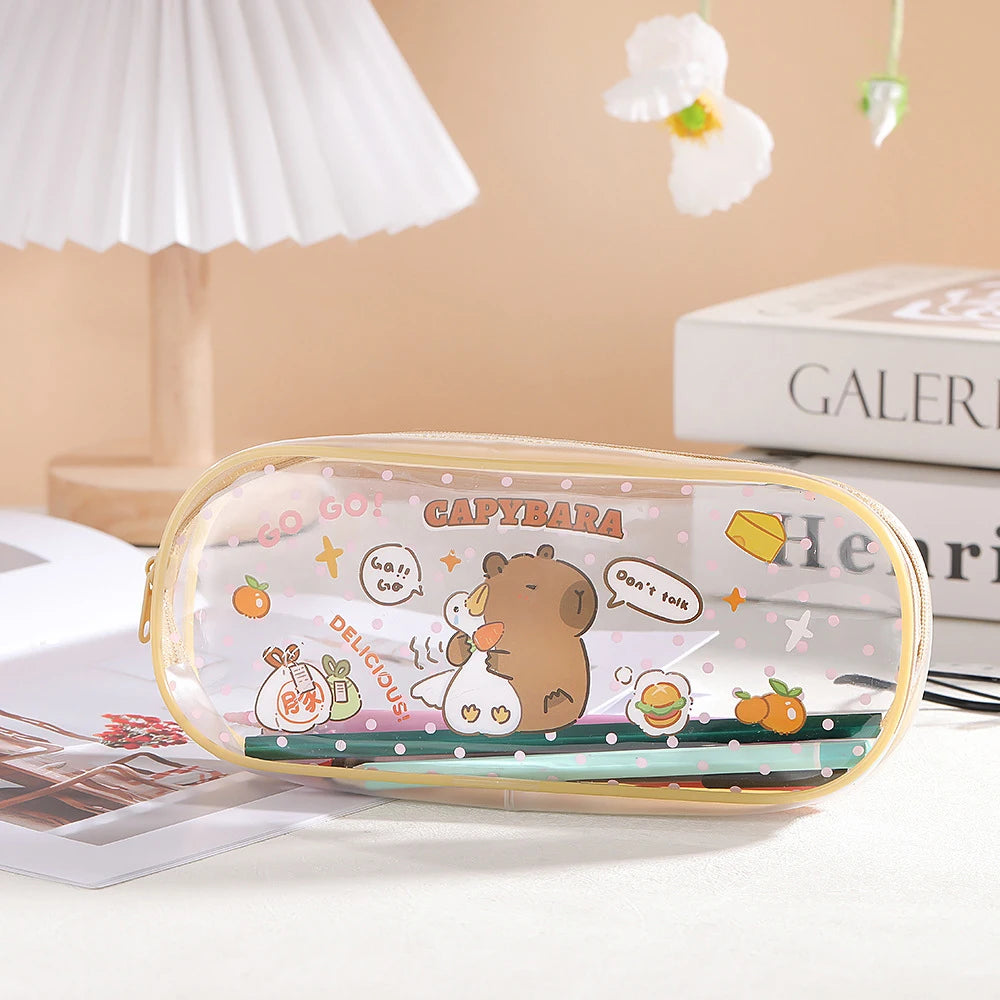 Cartoon Capybara Pencil Case Transparent Waterproof Zipper Pen Pouch Large Capacity Stationary Organizer Bag School Supplies
