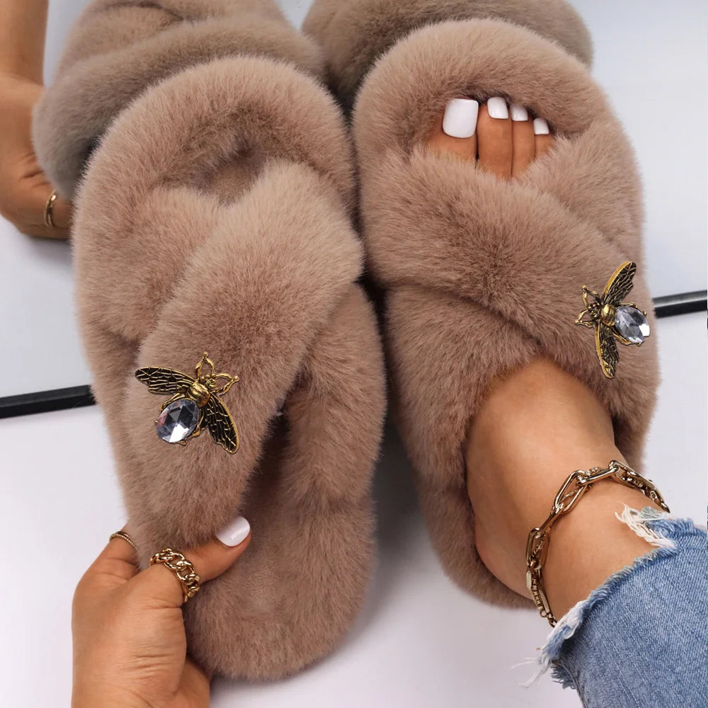 Women Furry Fur Slippers Soft Faux Fur Slides Ladies Plush House Slippers Cross Strap Open Toe Flat Sandals Fluffy Warm Shoes