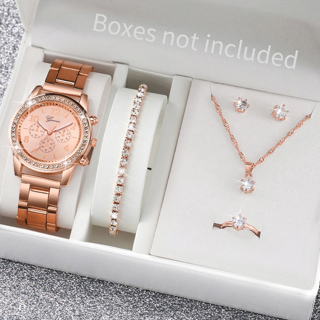 6PCS/Set Women's Watch Fashion Rhinestone Stainless Steel Band Quartz Watch Jewelry Set Reloj Mujer (Without Box)