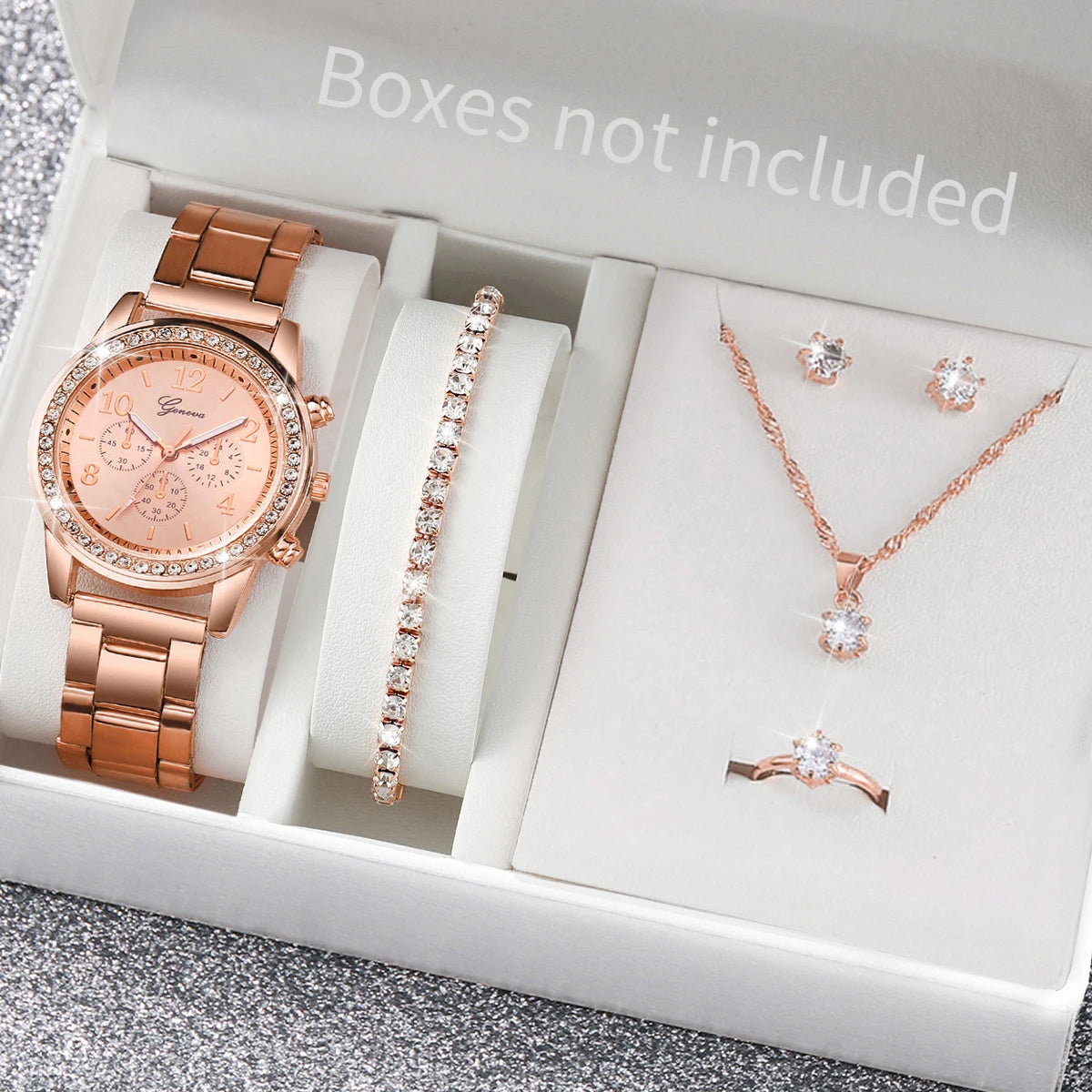 6PCS/Set Women's Watch Fashion Rhinestone Stainless Steel Band Quartz Watch Jewelry Set Reloj Mujer (Without Box)