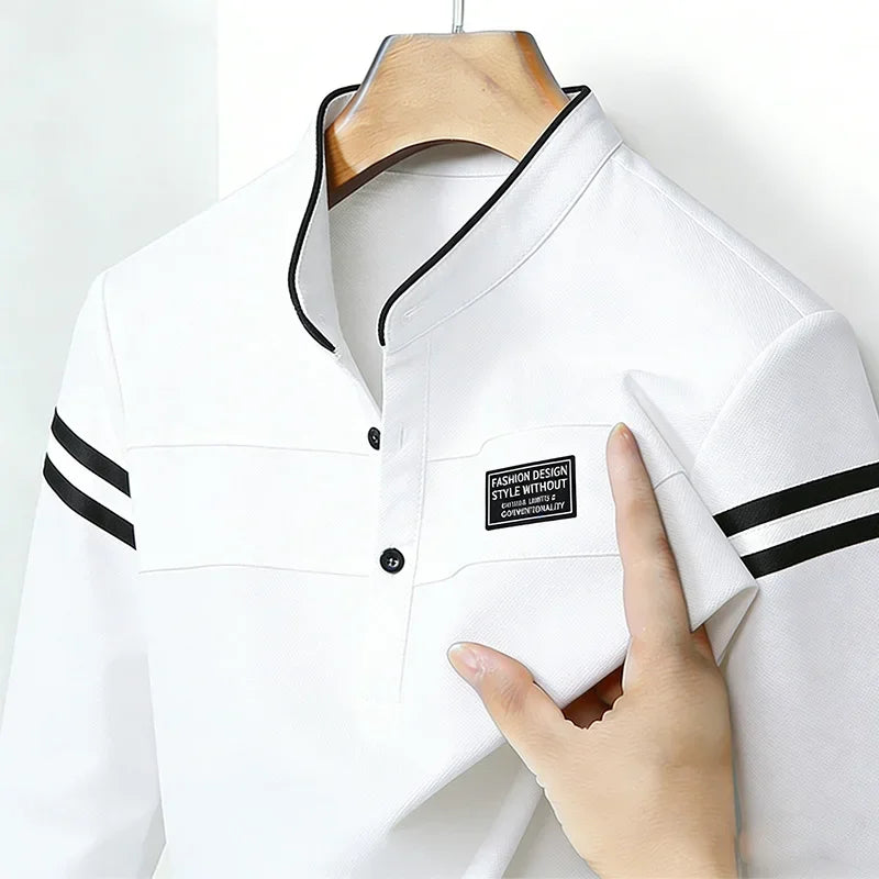 Men's Casual Slim Fit Polo Shirt Long Sleeve Stand Collar Contrast Striped Cotton Blend Tops for Daily & Business Wear