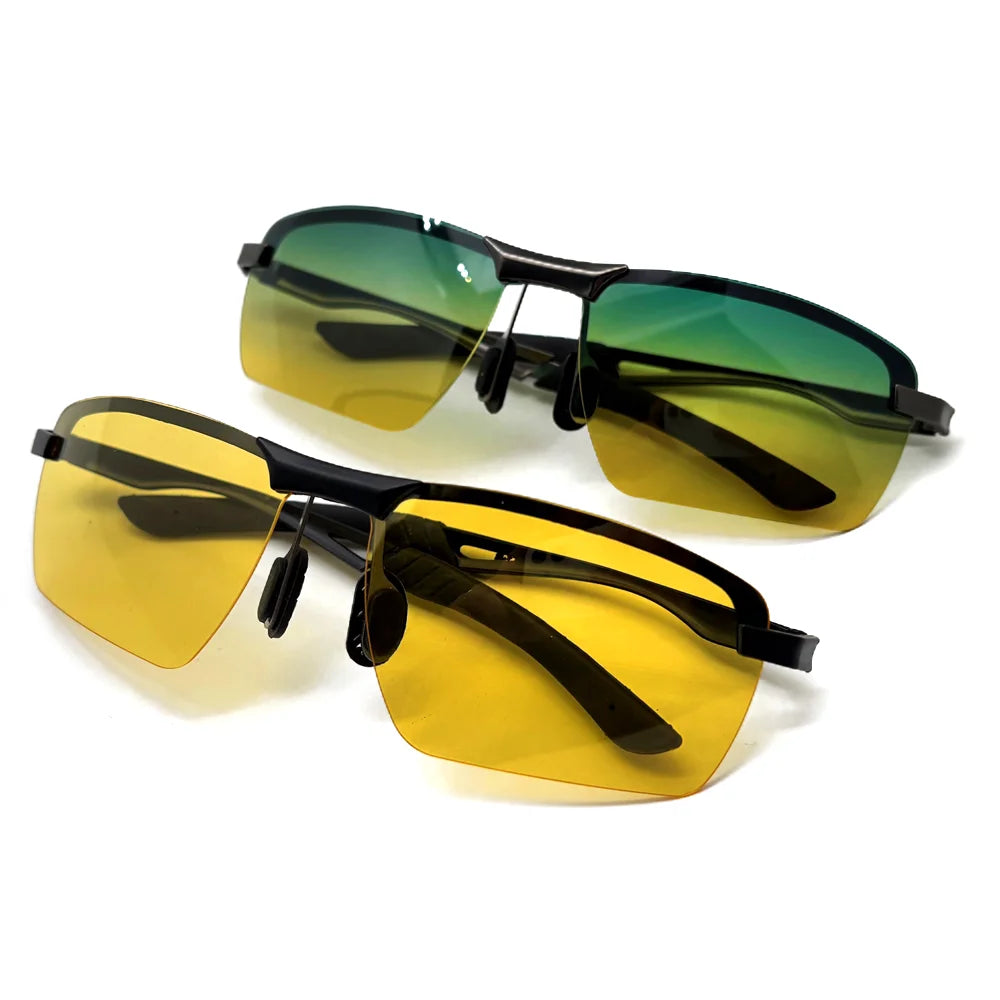 Men Day and Night Vision Glasses for Driving Yellow Polarized Lens Metal Rimless Frame UV400 Goggles Anti Glare Sunglasses