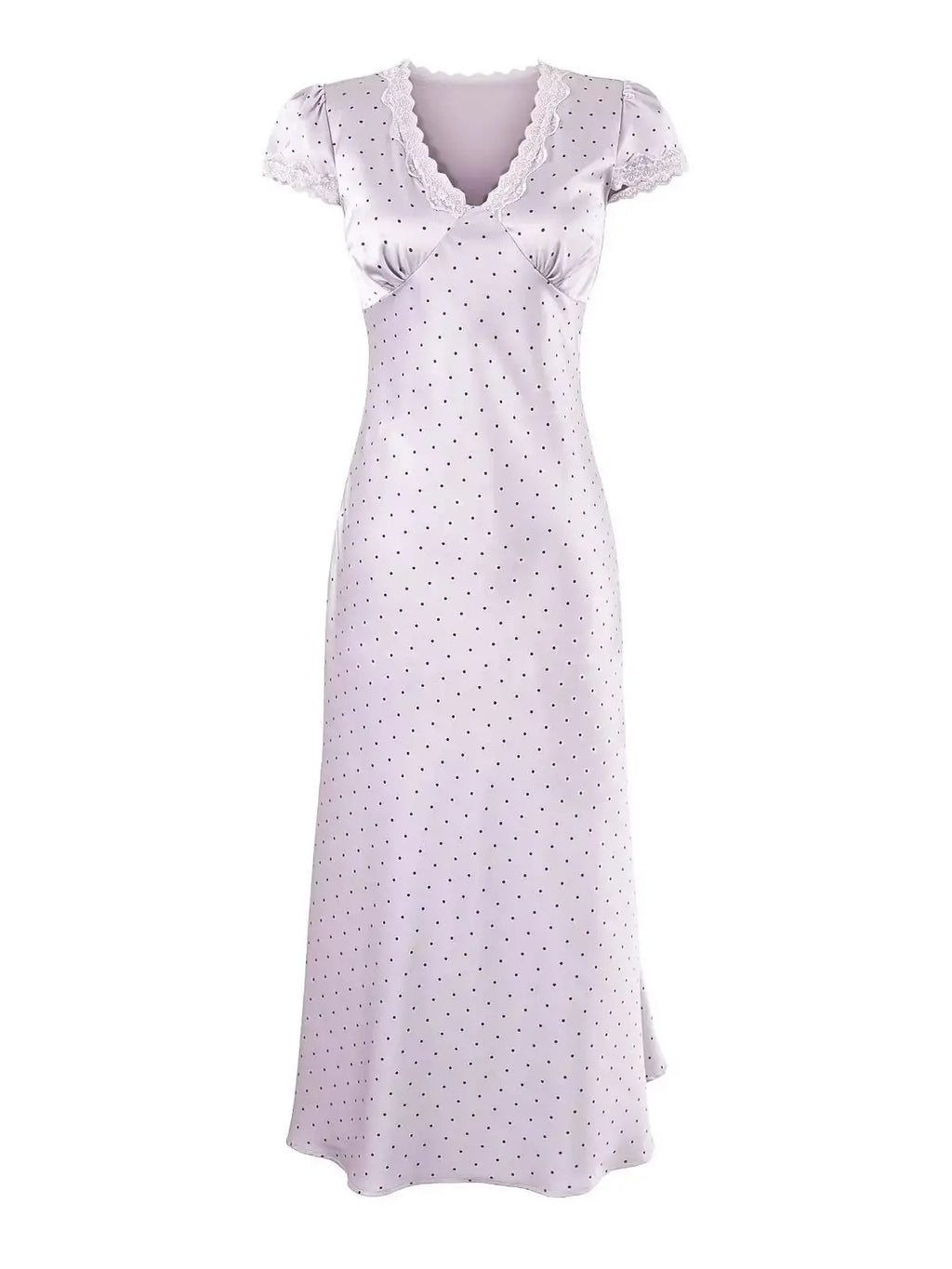Chu Sau beauty Women New Fashion Sweet Polka Dot Print Chic Lace Patchwork V-neck Long Dress Vintage Short Sleeve Party Dresses