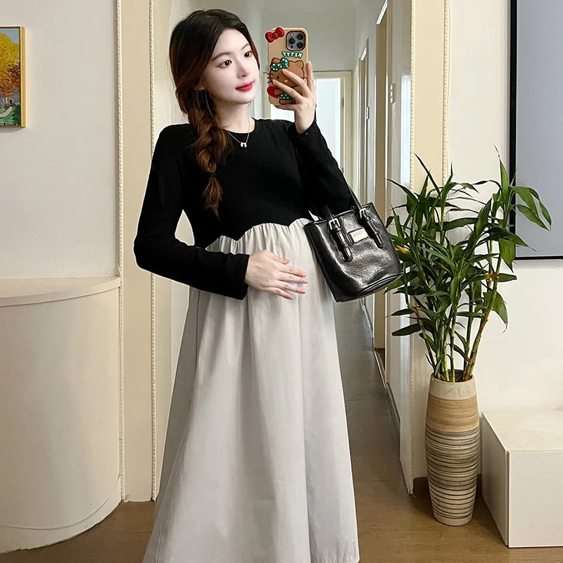 2025 French Style Pregnant Women Elegant Dress Plus Size Long Sleeve O-Neck High Waist Maternity A-Line Dress Long Loose Clothes
