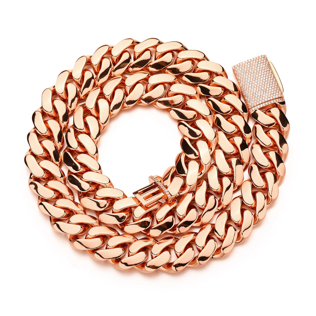 10-25mm Wide Hip Hop Bling Iced Out Round Cuban Miami Link Chain Necklaces for Men Rapper Jewelry Rose Gold Color