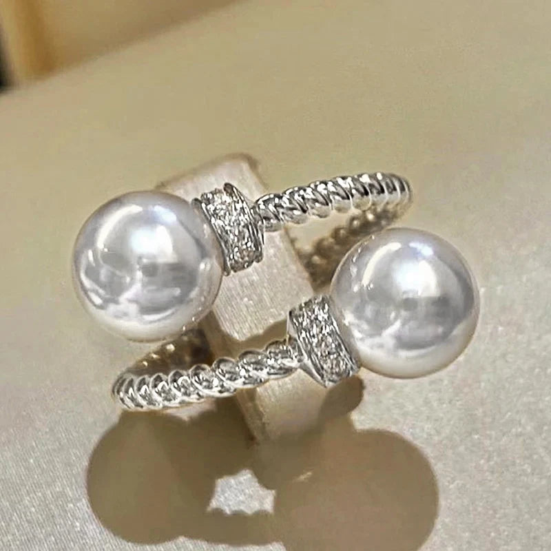 Huitan Temperament Double Imitation Pearl Open Ring Twist Gold Color Band New Fashion Women's Accessories Wedding Jewelry 2023