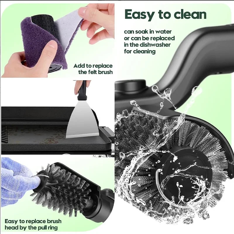 Built-in 4000mAh rechargeable battery with 3 adjustable speed modes. The rotating cleaning head delivers powerful scrubbing force to remove burnt grease, charred residue and food debris on grills without strenuous manual brus