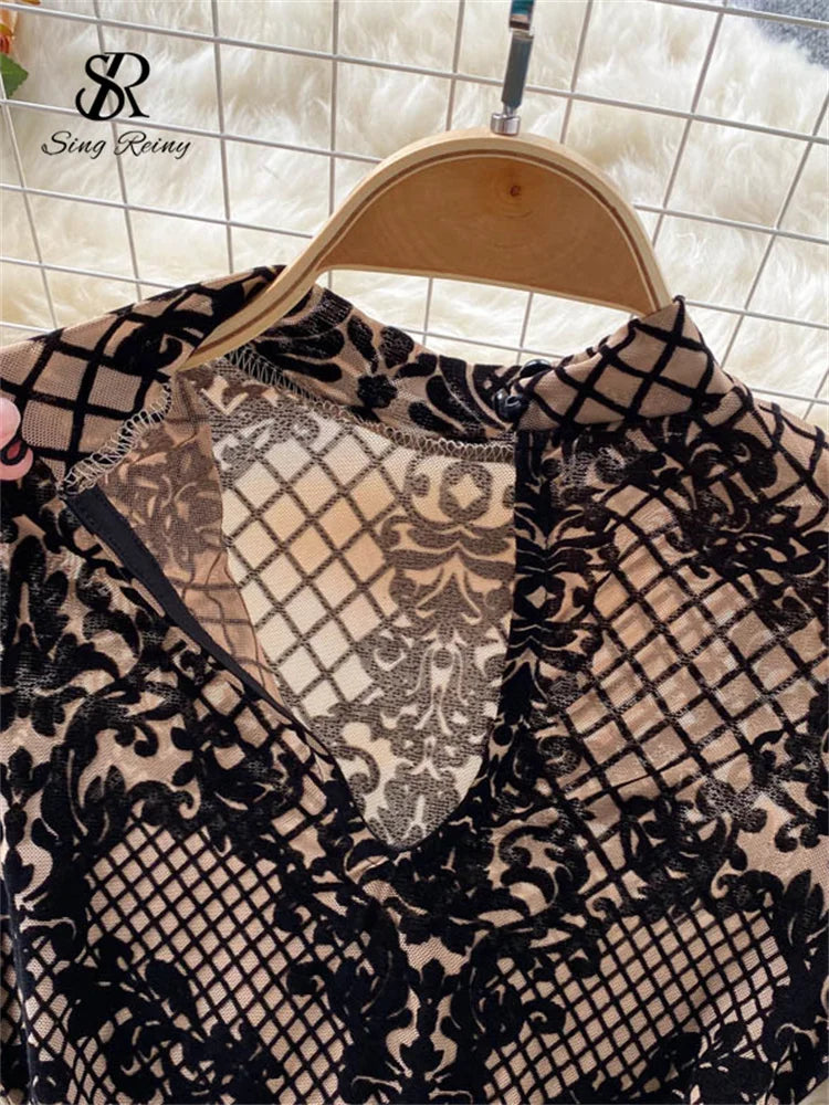 SINGREINY Fashion Summer Velvet Slim Playsuits Long Sleeves Vintage Bodycon Rompers Streetwear Y2K Ins Chic Mesh Sexy Bodysuits