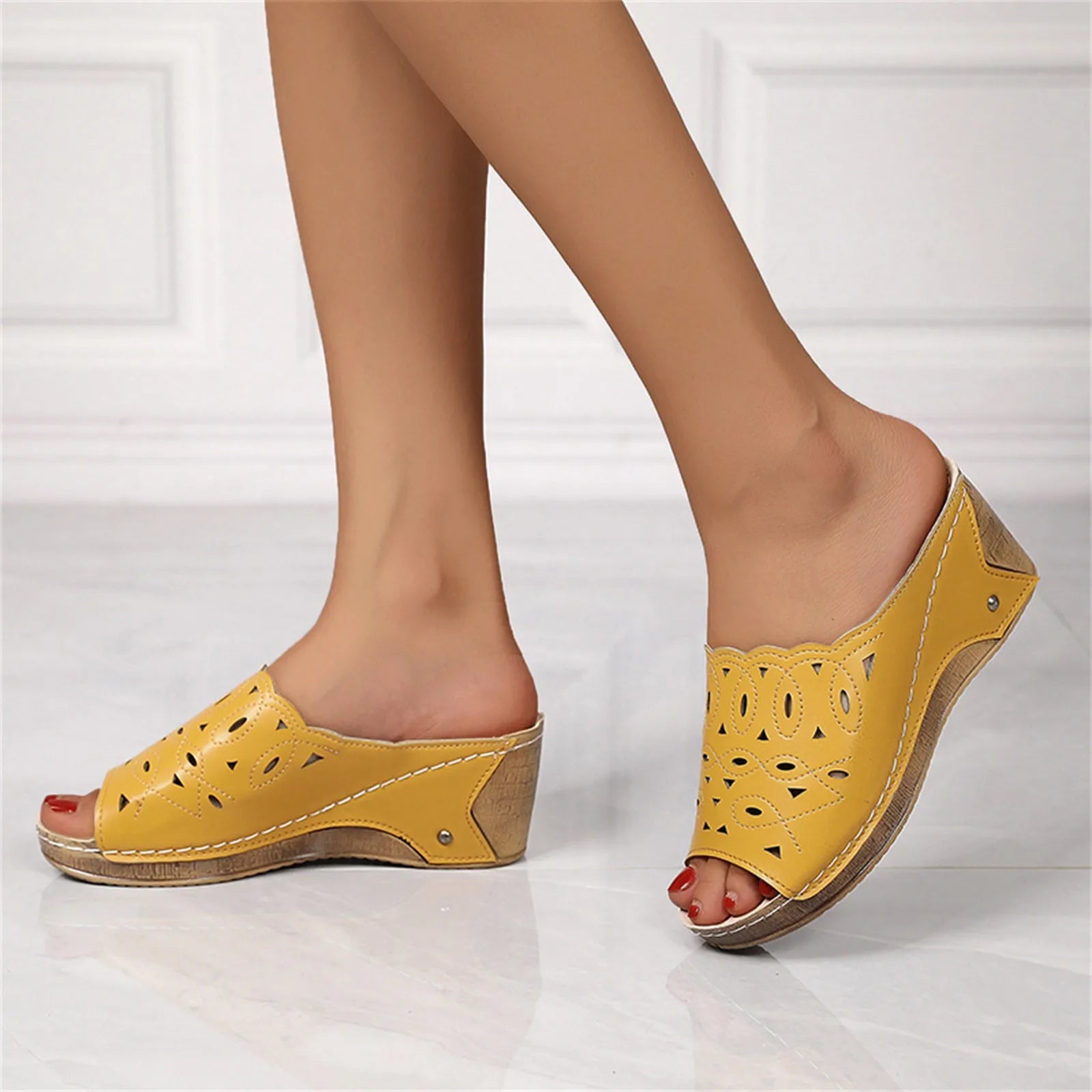 Women'S Sandals Summer 2024 Leather Hollowed Out Fish Mouth Sloping Heel  Roman Sandals Fashionable Solid Color Slippers Heels