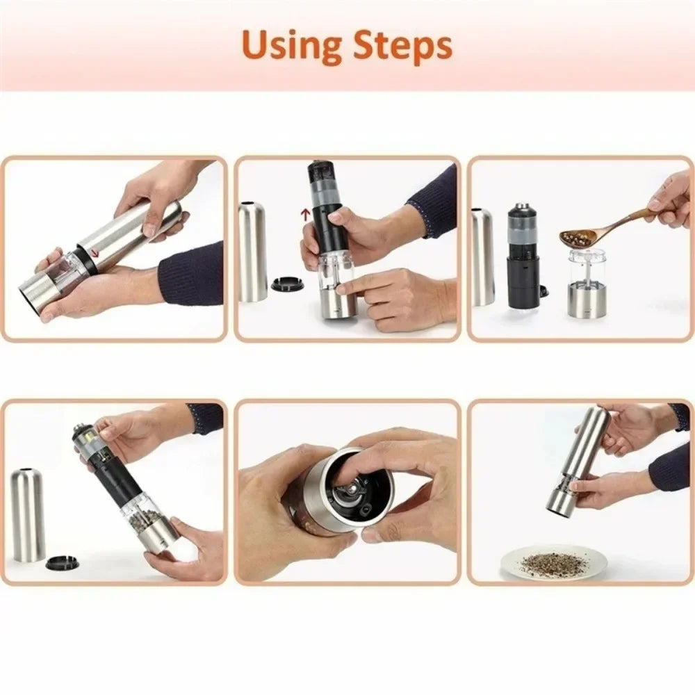 Stainless Steel Electric Pepper Grinder Salt and Pepper Mill Set for Black White Pepper Sichuan Peppercorn Rose Salt Grinding Seasoning Bottle Home Kitchen Spice Mill Tool Gadgets for Cooking Supplies Easy Use