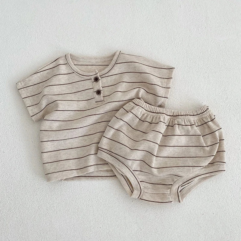 Children's Clothing 0-3 Year Old Summer New Striped Pure Cotton Boy T-Shirt Shorts Set Beach Vacation Girl Short Sleeved Set