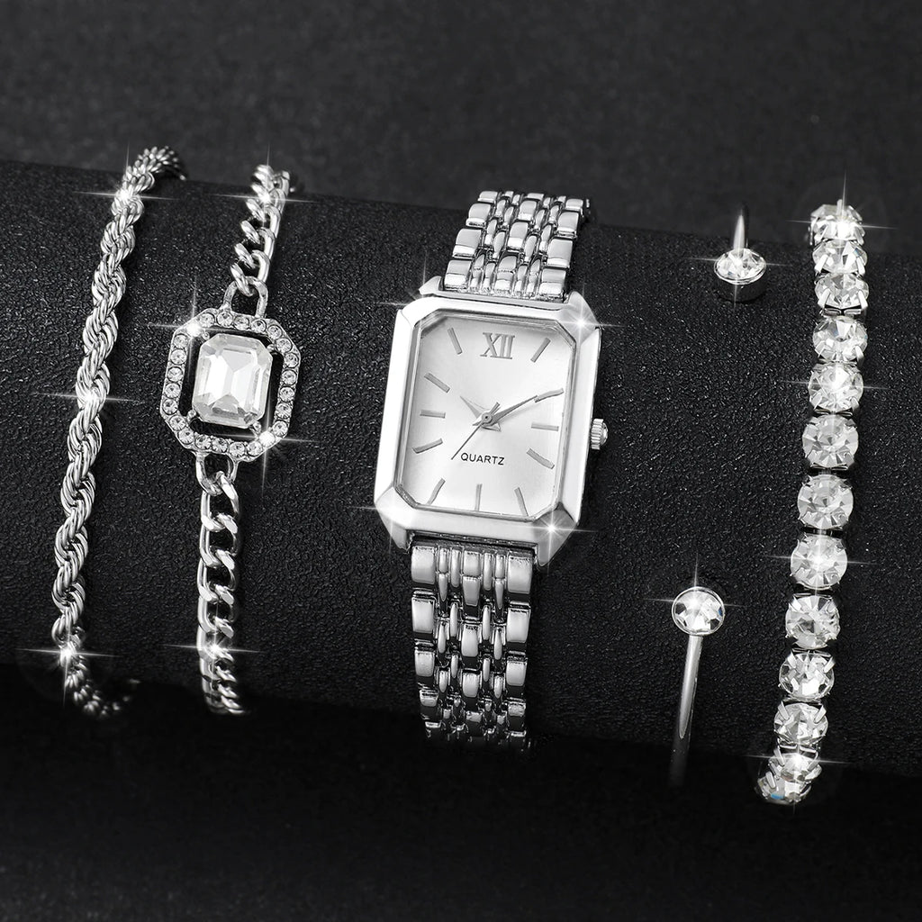 5PCS Elegant Rectangle Dial Women's Quartz Watch Diamond Bracelets Set Ladies Fashion Wristwatch Accessory Gift Relogio Feminino