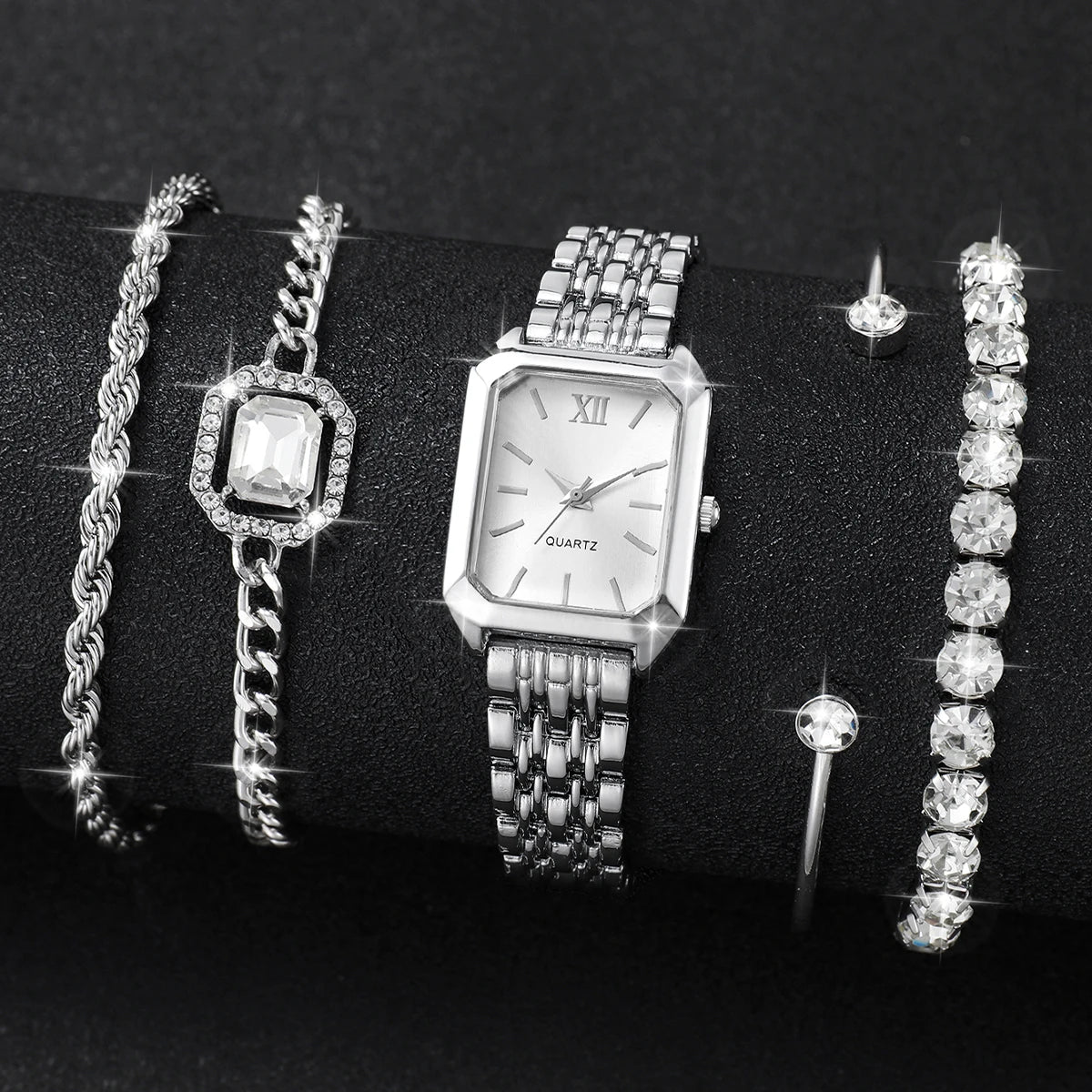 5PCS Elegant Rectangle Dial Women's Quartz Watch Diamond Bracelets Set Ladies Fashion Wristwatch Accessory Gift Relogio Feminino