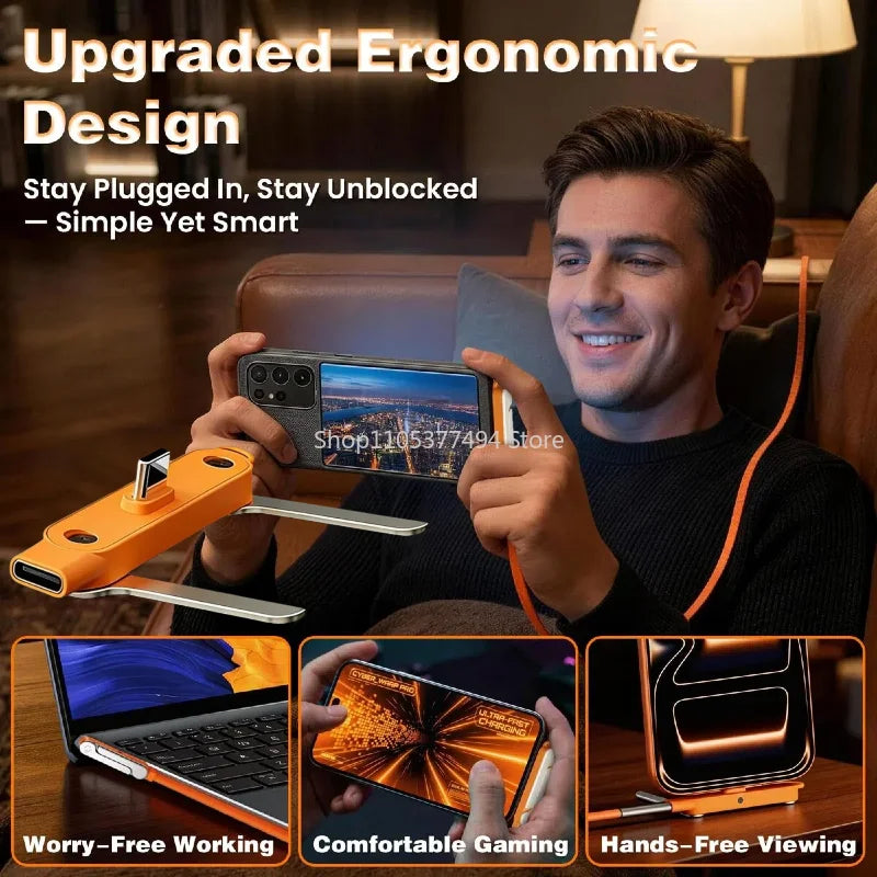 240W 2-in-1 Black/Orange Fast Charging Foldable Bracket Data Cable Type-C to Type-C Data Wire with Phone Tablet Stand