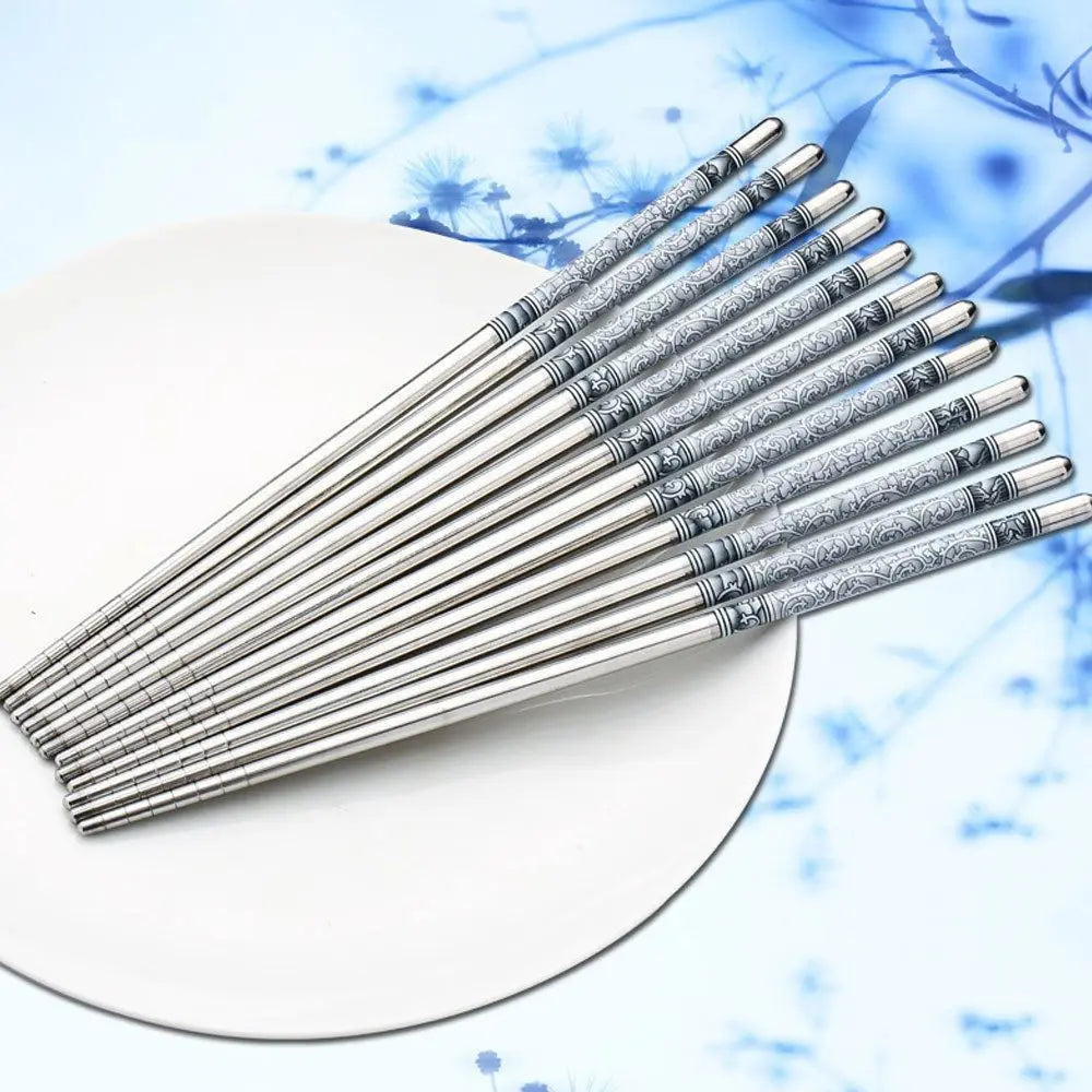 1Pair  Food Stick Chinese Traditional Flowers Pattern Stainless Steel Chopsticks Tableware Christmas Gifts 8.8inch