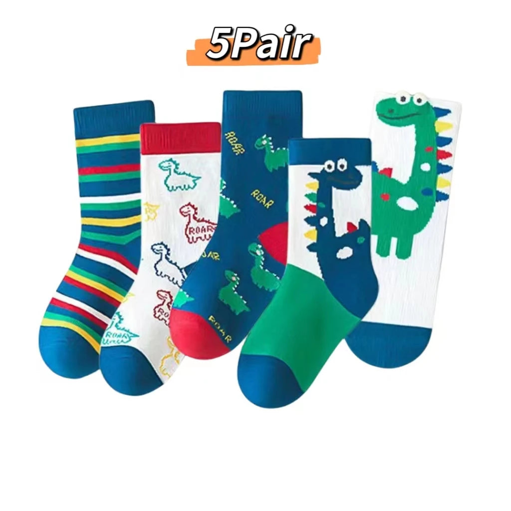 Children's Socks 5 Pairs Of Autumn And Winter New Mid-Calf Dinosaur Spring And Autumn Boys And Girls Baby Middle And Large Child