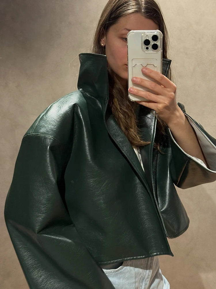 Loose Solid Women's Pu Leather Jacket Long Sleeve Stand Collar Lady Coats Crop Tops 2026  Autumn Fashion Female Street Outerwear
