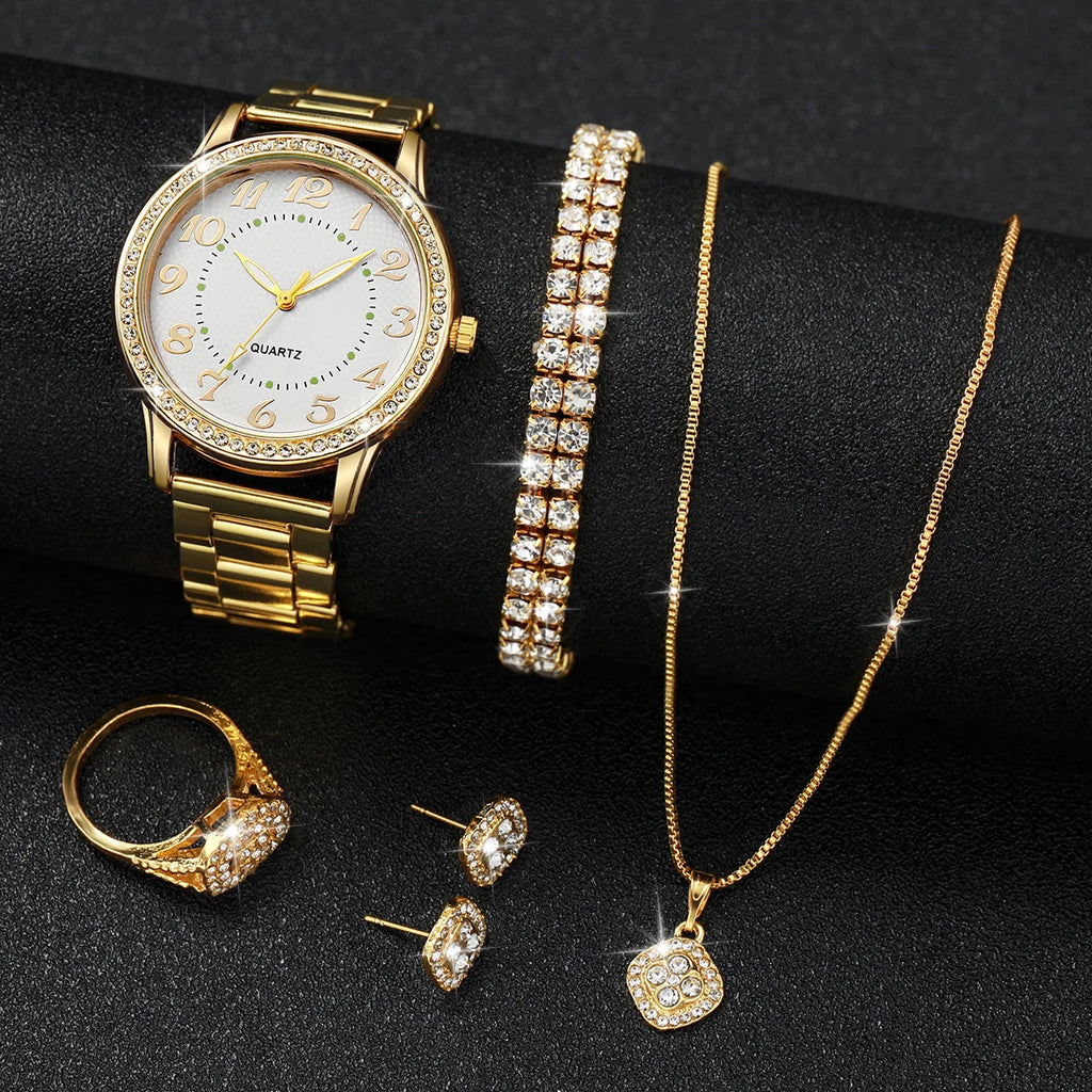 6PCS/Set Fashion Arabic Dial Women Quartz Wristwatch Alloy Strap Watches For Ladies Clock With Diamond Jewelry (Without Box)