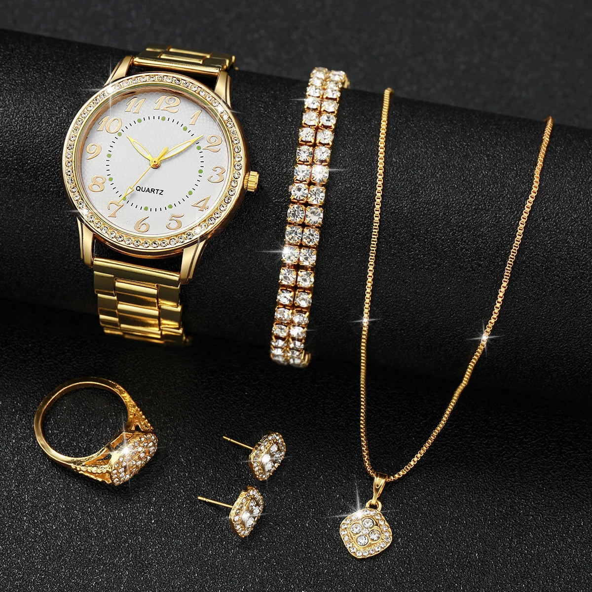 6PCS/Set Fashion Arabic Dial Women Quartz Wristwatch Alloy Strap Watches For Ladies Clock With Diamond Jewelry (Without Box)