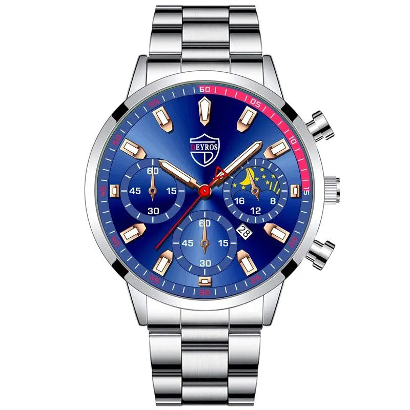 DEYROS Luxury Men Silver Quartz Wristwatch Male Stainless Steel For Men Business Fashion Round Calendar Watch Luminous Clock
