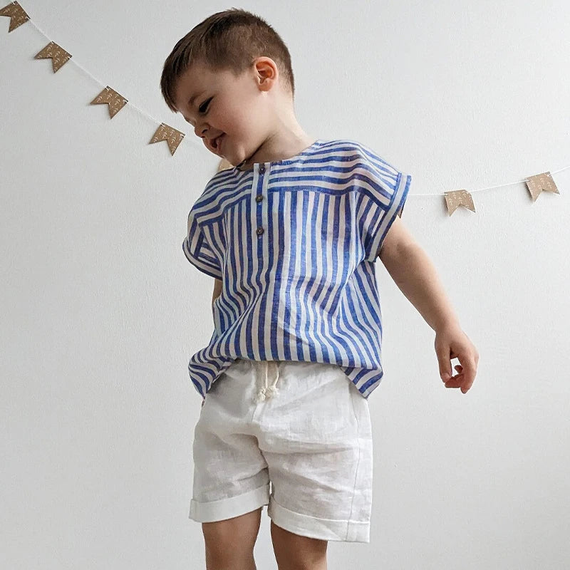 Boys Cotton And Linen Striped Casual T-Shirt 2026 Summer New Children's Round Neck Buttons Short-Sleeved Linen Tops TZ417