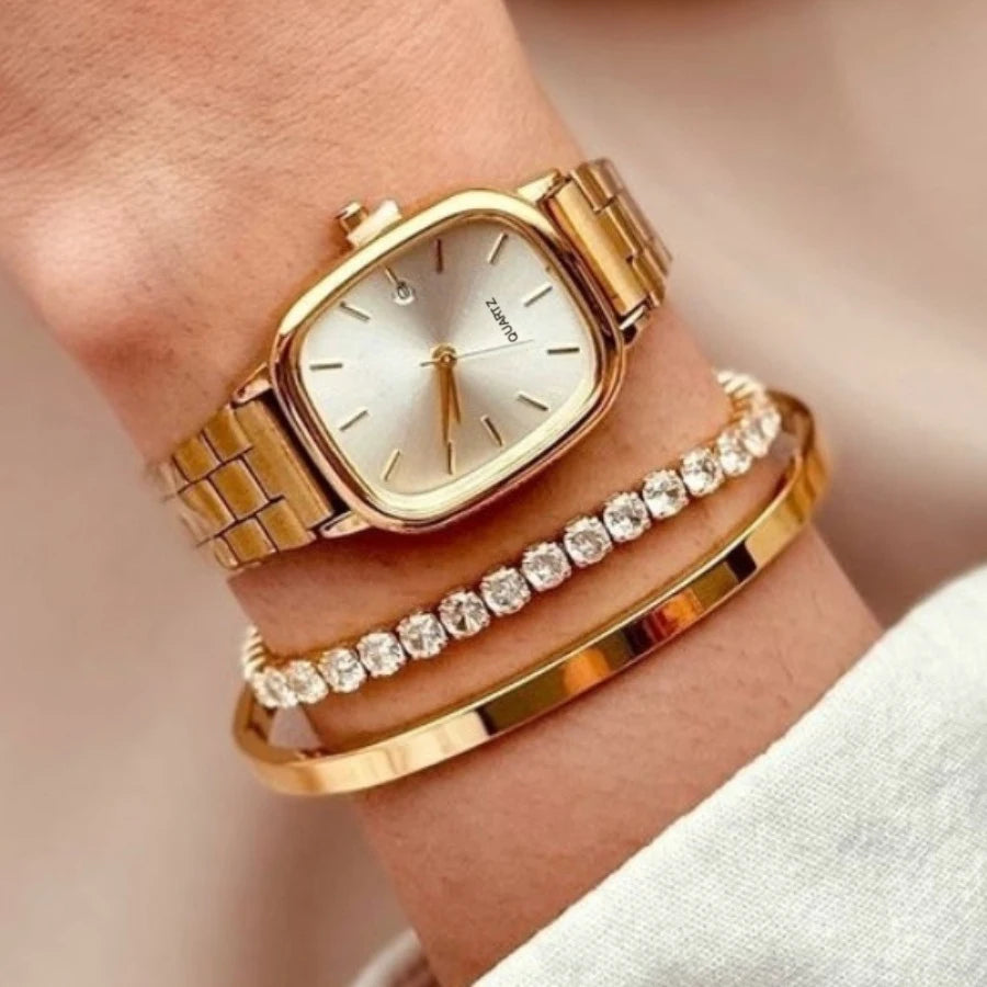 3PCS/Set Elegant Square Dial Women Watches Simple Calendar Quartz Wristwatches Bracelets Set Reloj Mujer (Without Box)