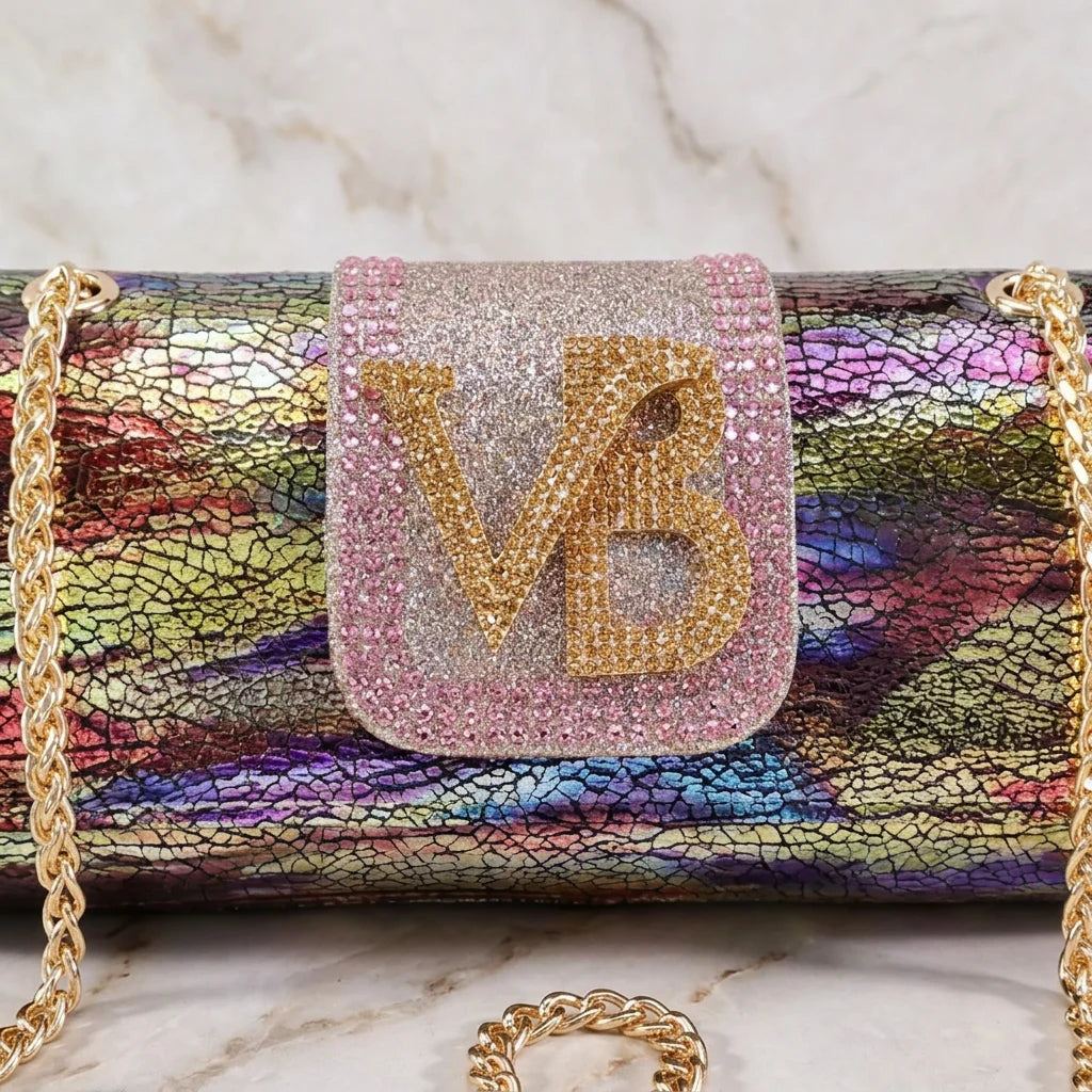2026 Women Shiny Holographic Rainbow Slingback Heel Matching Bag Set Sparkly Rhinestone Letter Embellished Pumps for Wedding