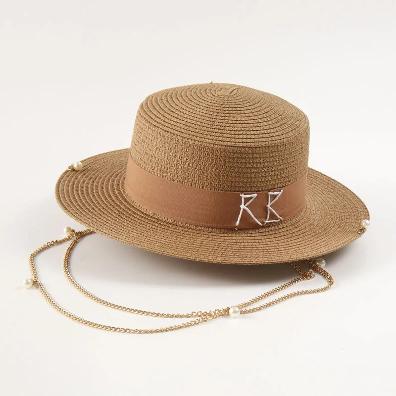 New Fashionable Metal  Letter Straw Hats for Women Men Summer Outdoor Holidays Beach Sun Hat Panama Hat