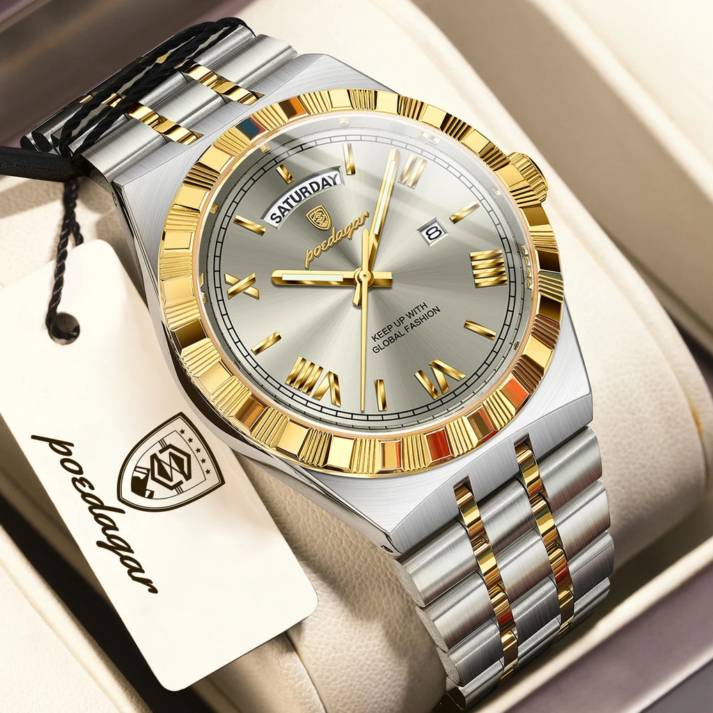 POEDAGAR Fashion Business Men's Watch Luminous Waterproof Week Date Luxury Man Wristwatch Stainless Steel Quartz Watches For Men