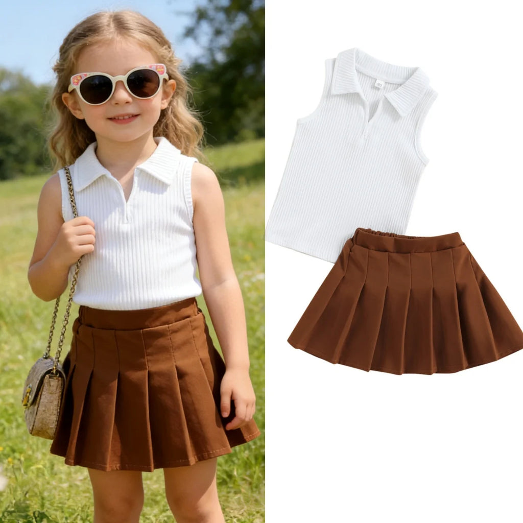 2-7Y Kids Girls Summer Clothes Sets 2026 Fashion Ribbed Sleeveless Tops + Pleated Skirts Sweet Outfits for Children Baby