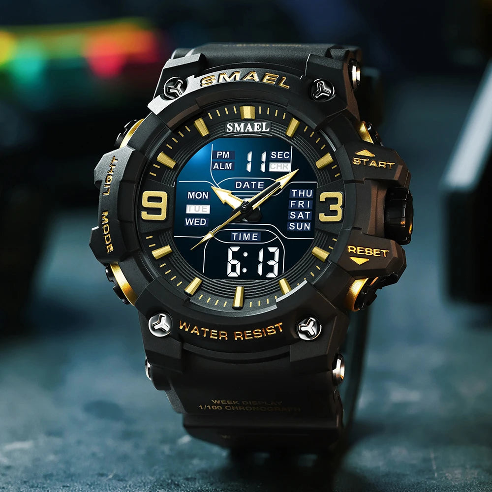 SMAEL 8049 Watch Sport LED Light Alarm Clock Dual Time Display WaterproofWeek Auto Date Wristwatches Quartz