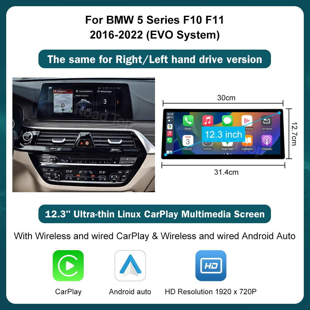 RoadTop Wireless CarPlay Touch Screen For BMW Series 5 F01 F10 F11 G30 2011-2023 CIC NBT EVO Multimedia Radio Linux System