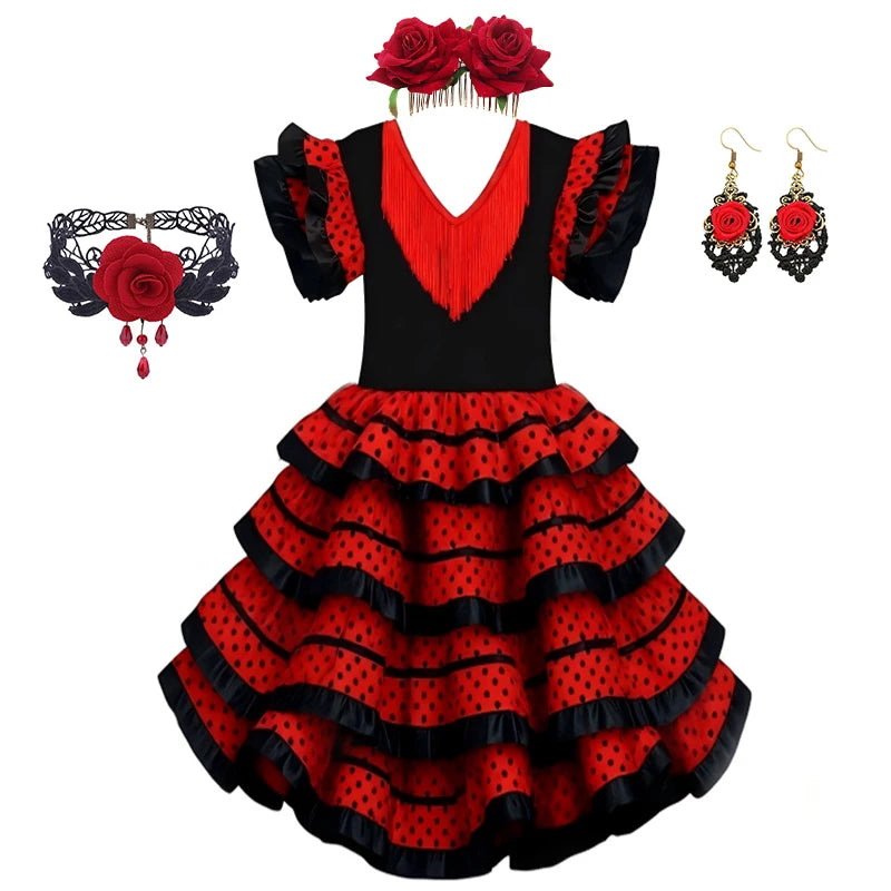Girls Spanish Flamenco Dress Red Polka Dot Cake Puff Kids Carnival Halloween Party Stage Show Cosplay Festival Dance Costume