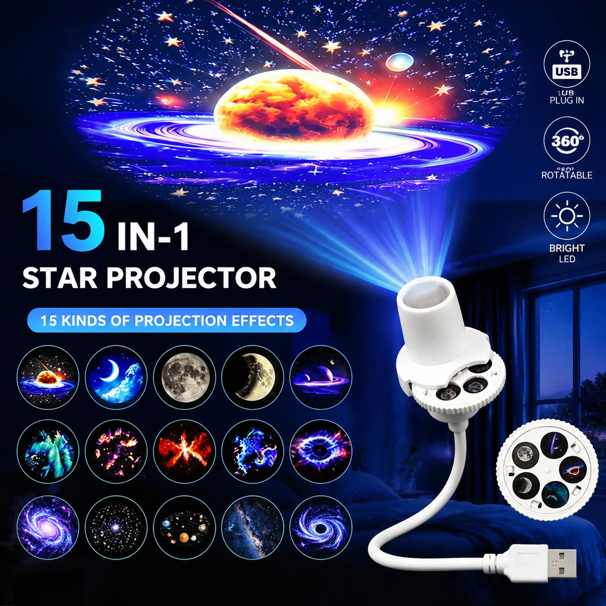 Starry Sky Light USB Plug in 360°Rotating Projector Night Light Bedroom Creative LED Night Light Moon Star Atmosphere Night Lamp