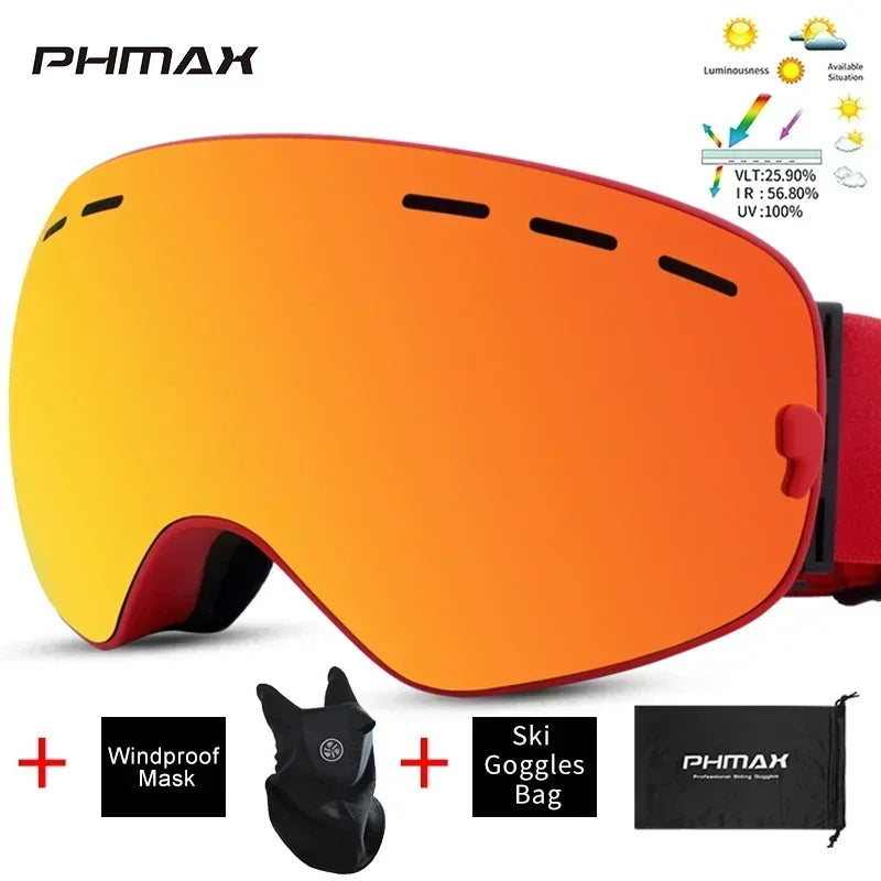PHMAX Ski/Snowboard Goggles for Men Women, OTG Snow Goggles Anti Fog UV Protection Red Double Layers Lens Wide Vision Winter