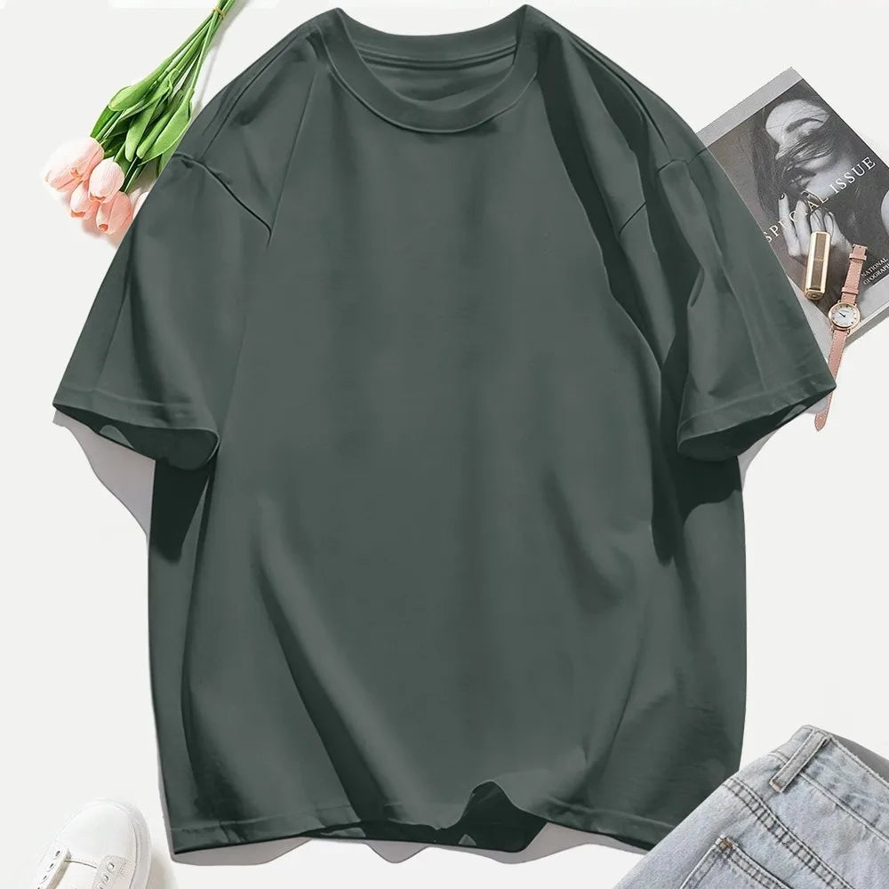Y2K Woman 100% Cotton T Shirts Solid Color Casual T-Shirt O-Neck Summer Tops For Women Fashion Oversized Female Sportswear