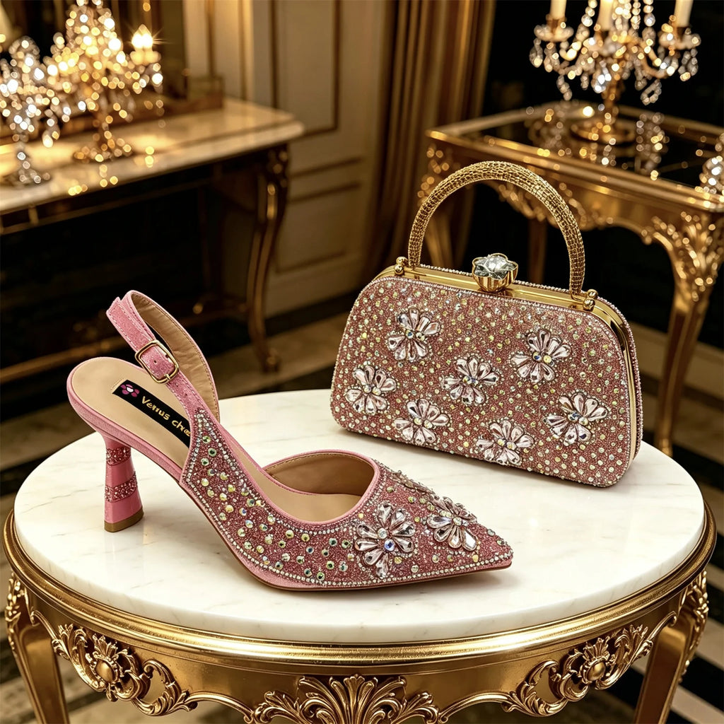 Venus Chan Gold Pointed Toe Rhinestone Heels & Bag Set, Sparkly Slingback Shoes for Women Wedding Party Evening Prom