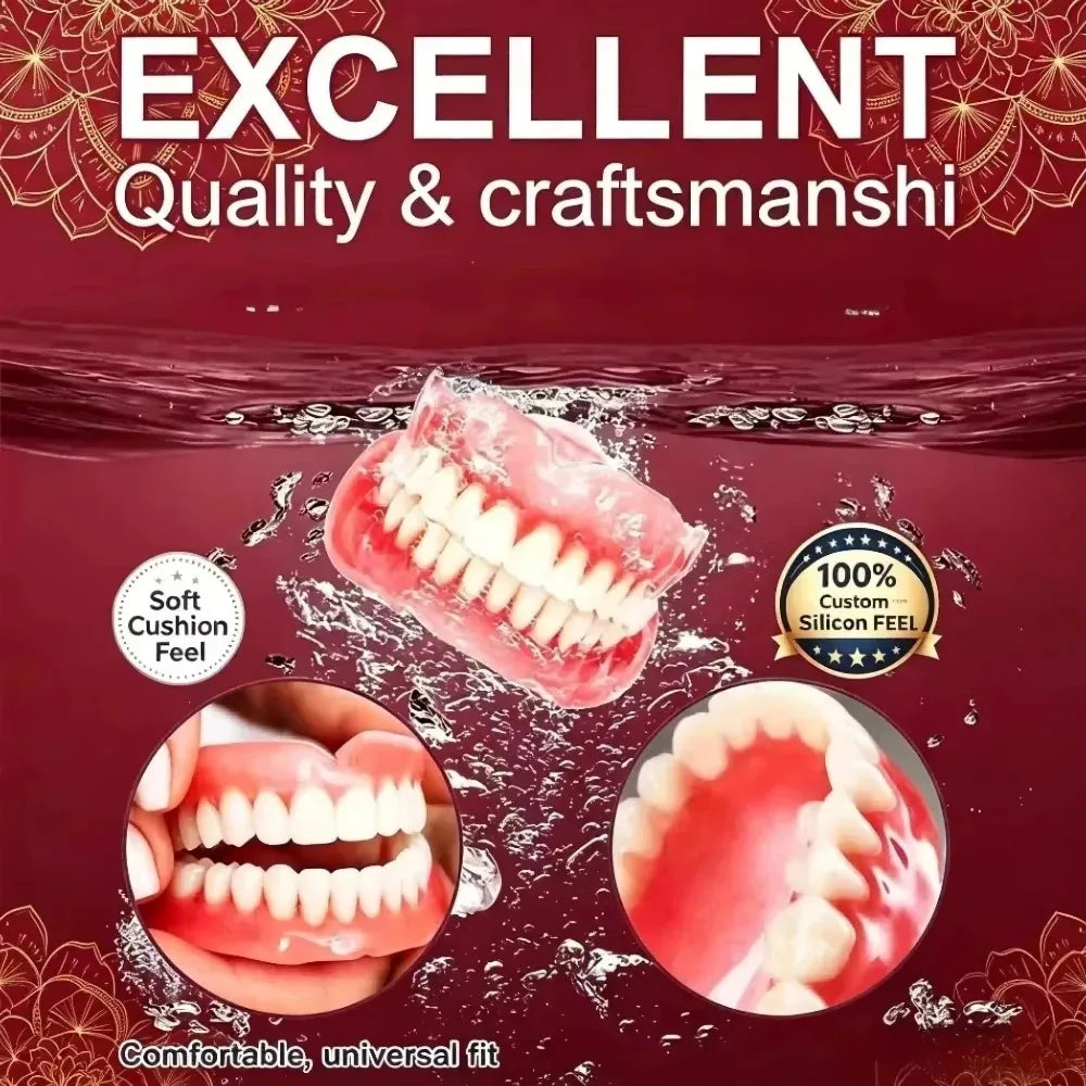Premium Full‑Mouth Silicone Comfort Dentures for Adults, Soft Reline False Teeth Set with Storage Box Toothbrush Removal Hook