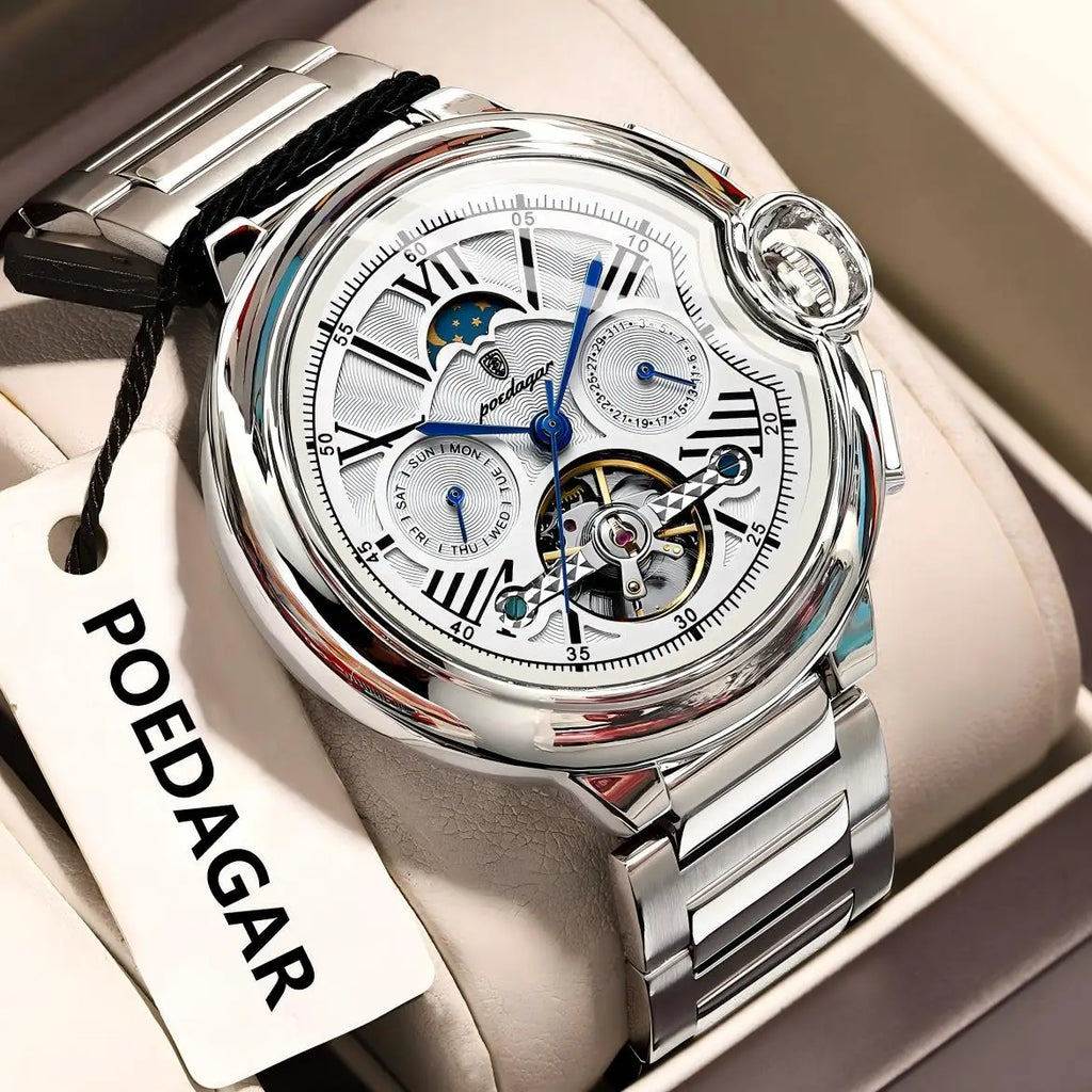 POEDAGAR Luxury Business Male Watch Date Week Stainless Steel Tourbillon Men Clock Waterproof Automatic Mechanical Men's Watches