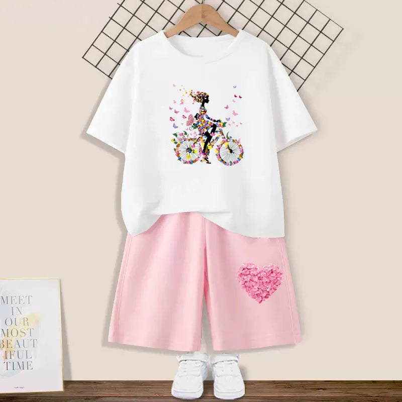 2024 Summer Girls Cotton Clothing Sets Kids Cute Cartoon Butterfly High Heel T-shirt +Shorts 2Pce Suits Childrens Tracksuits