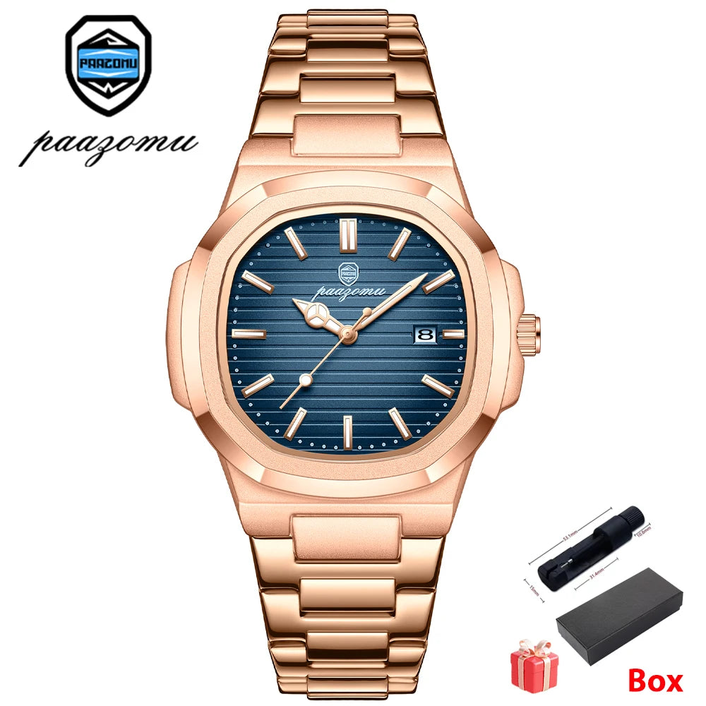 PAAZOMU Top Luxury Military Man Watch Square Waterproof Luminous Date Week Men Watch Stainless Steel Quartz Men's Watches Reloj