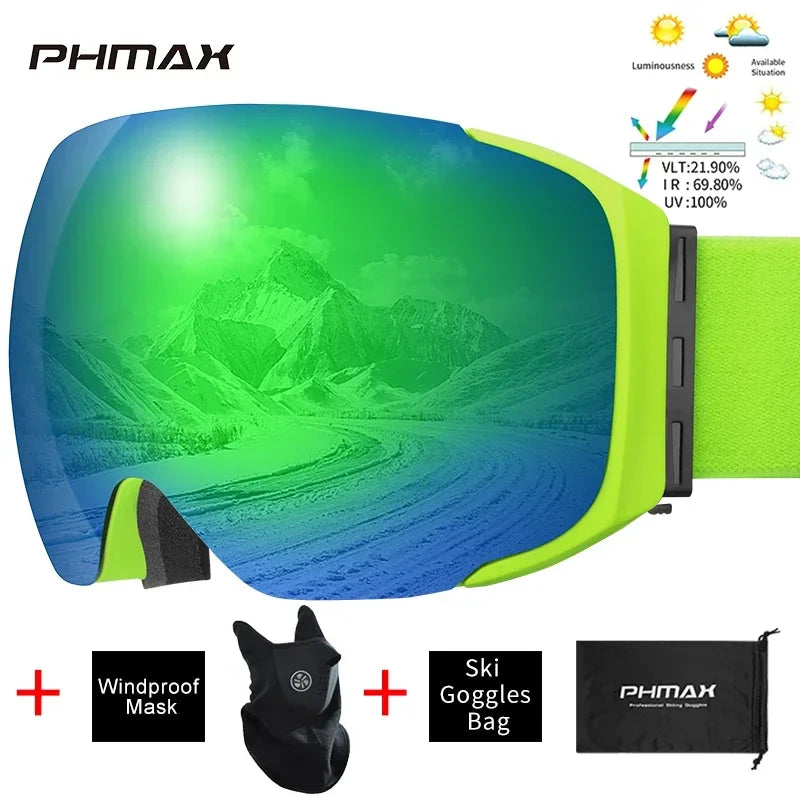 PHMAX Ski Goggles UV400 Anti-fog Eyewear Magnetic Lens Women Men Outdoor Sports Mountain Snowboard Big Snow Goggles With Mask