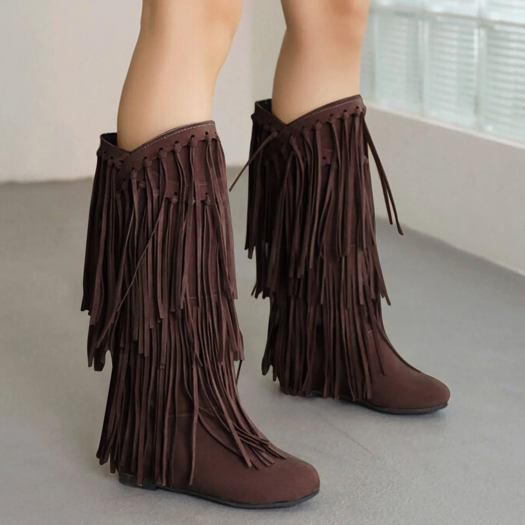 Boots Women Mid Calf With Heel Women'S Winter Chunky Heel Fringe Boots Inside Booster Mid Faux Leather Western Boots