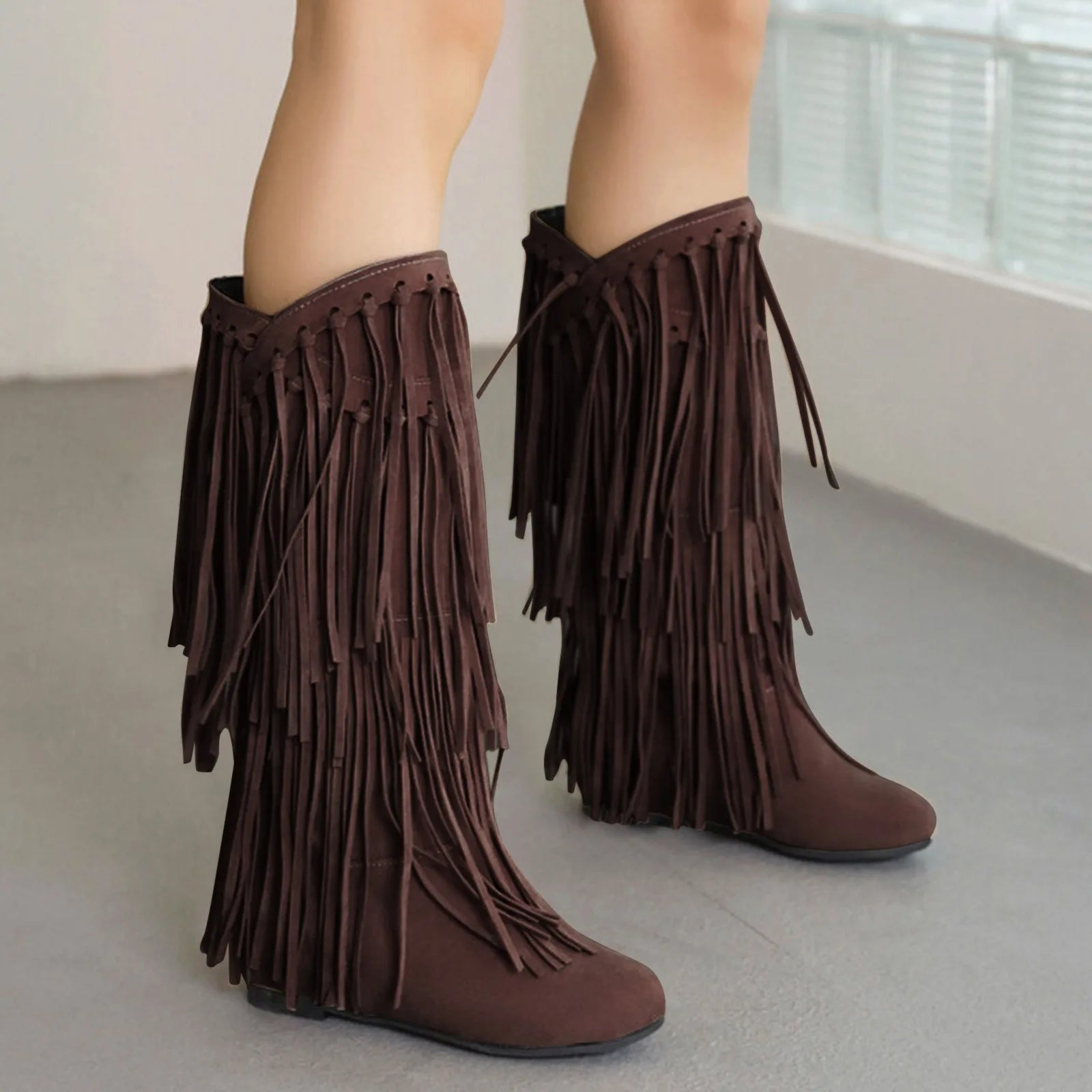 Boots Women Mid Calf With Heel Women'S Winter Chunky Heel Fringe Boots Inside Booster Mid Faux Leather Western Boots