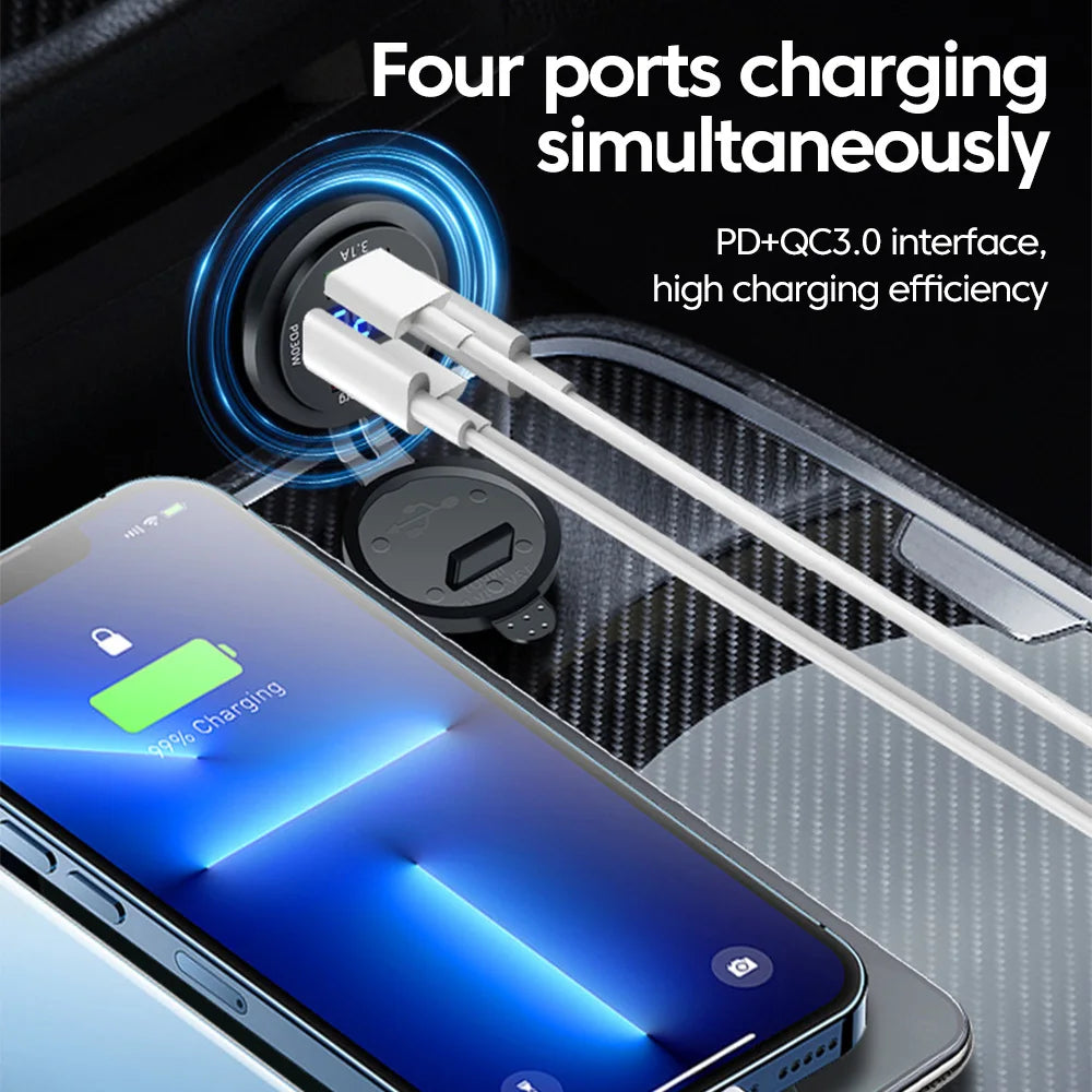 120W USB C Car Charger PD Dual QC 3.0 USB Fast Charging Charger with LED Voltage Display for Cars Boats Motorcycle Auto RV Truck