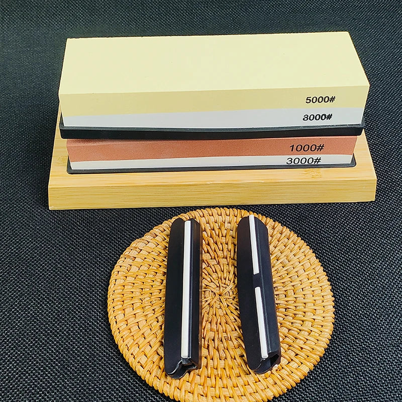 Professional Knife Sharpening Stone Kit 400/1000 3000/8000 Grit Non-slip Bamboo Base Double-side Knife Whetstone Angle Guide