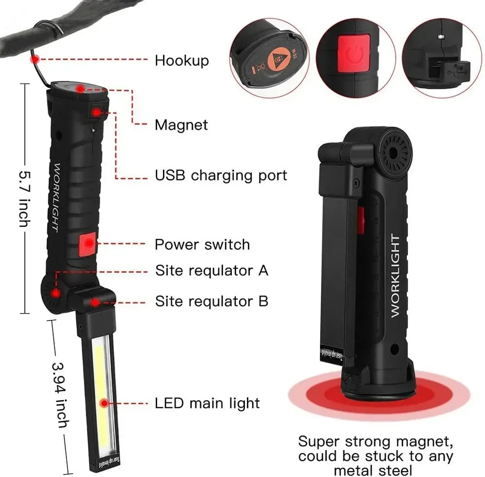 1pc COB LED Work Light Dimmable USB Rechargeable LED Flashlight Inspection Lamp With Magnet&Hook 14500/18650 Battery Torch Light