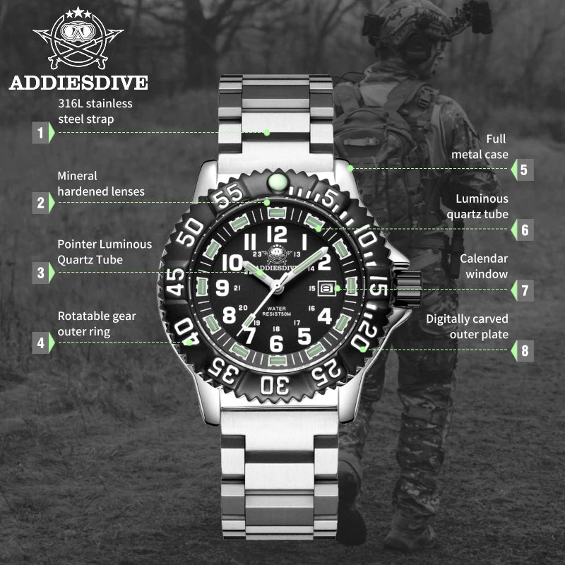 ADDIESDIVE Fashion Men's Analog Watches 50m Waterproof Luminous Tube Nylon Sports Men Military Wristwatches Quartz Watch For Men